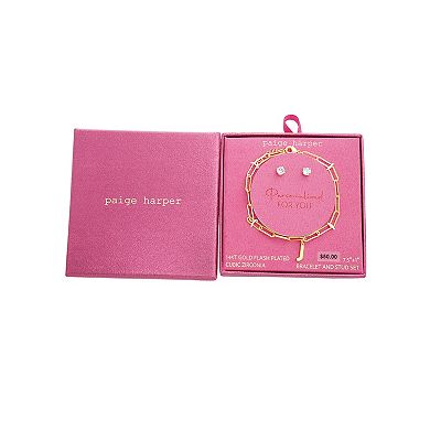 Paige Harper 14k Gold Plated Initial Charm Bracelet & Cubic Zirconia Stud Earring Set
