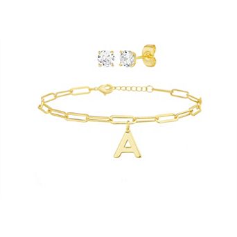 Paige Harper 14k Gold Plated Initial Charm Bracelet & Cubic Zirconia Stud Earring Set