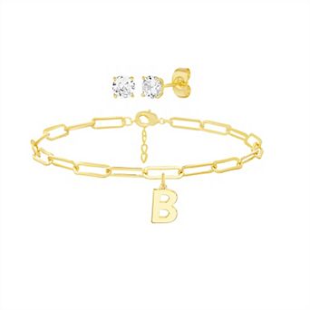 Paige Harper 14k Gold Plated Initial Charm Bracelet & Cubic Zirconia Stud Earring Set
