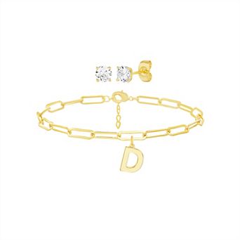 Paige Harper 14k Gold Plated Initial Charm Bracelet & Cubic Zirconia Stud Earring Set