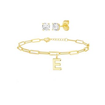 Paige Harper 14k Gold Plated Initial Charm Bracelet & Cubic Zirconia Stud Earring Set