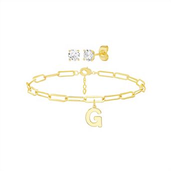 Paige Harper 14k Gold Plated Initial Charm Bracelet & Cubic Zirconia Stud Earring Set