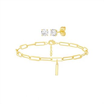 Paige Harper 14k Gold Plated Initial Charm Bracelet & Cubic Zirconia Stud Earring Set