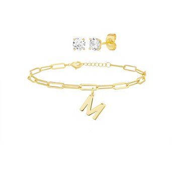Paige Harper 14k Gold Plated Initial Charm Bracelet & Cubic Zirconia Stud Earring Set