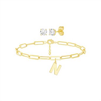 Paige Harper 14k Gold Plated Initial Charm Bracelet & Cubic Zirconia Stud Earring Set