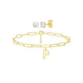 Paige Harper 14k Gold Plated Initial Charm Bracelet & Cubic Zirconia Stud Earring Set
