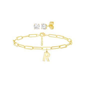 Paige Harper 14k Gold Plated Initial Charm Bracelet & Cubic Zirconia Stud Earring Set