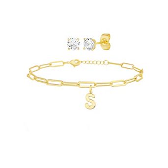 Paige Harper 14k Gold Plated Initial Charm Bracelet & Cubic Zirconia Stud Earring Set