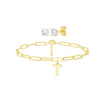 Paige Harper 14k Gold Plated Initial Charm Bracelet & Cubic Zirconia Stud Earring Set