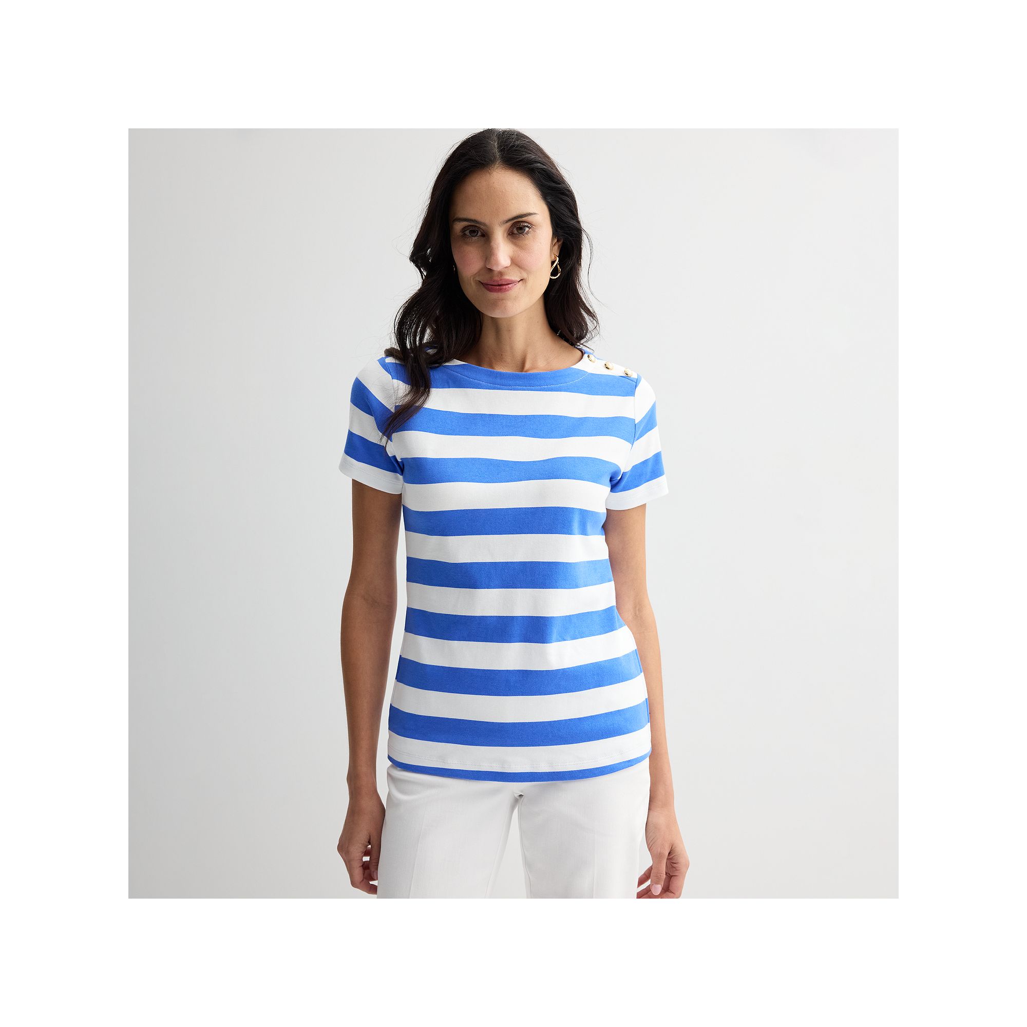 Womens Croft & Barrow® Button Shoulder Tee, Size: Small, Blue Clean Strip