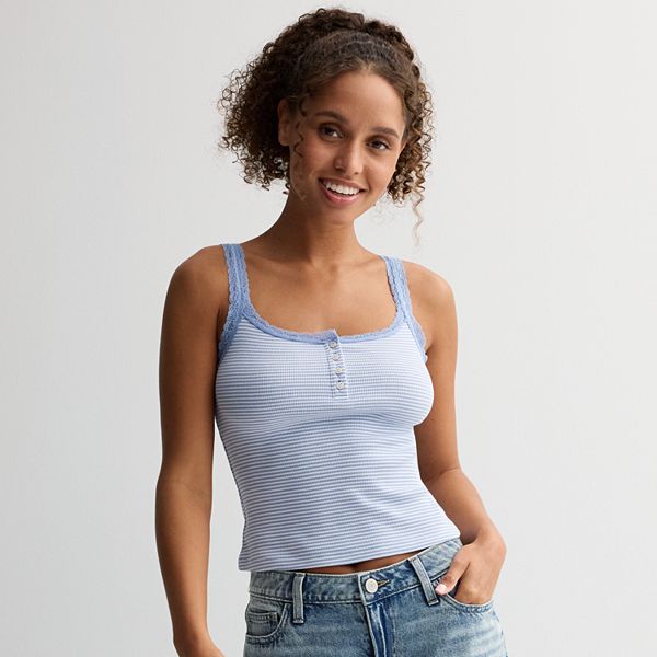 Juniors' SO® Lace Trim Henley Cami - Light Blue Stripe (LARGE)