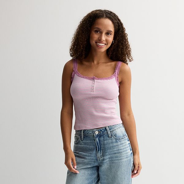 Juniors' SO® Lace Trim Henley Cami - Pink Stripe (LARGE)