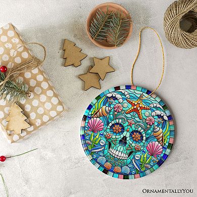 Oceanic Oasis Sugar Skull Stained Glass Style Ornament, Marine Wonder Christmas Gift and Decor