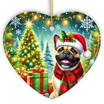 Frosty French Bulldog Ornament, Charming Pup Decoration for Magical Christmas, Heart Version