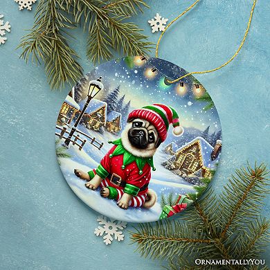 Santa's Little Helper Pug Elf Ornament, Whimsical Canine Christmas Decor