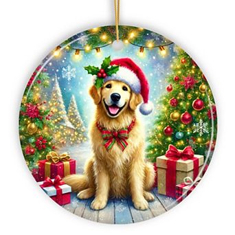 Majestic Golden Retriever with Santa Hat Ornament, Delightful Christmas Gift and Decor, Circle
