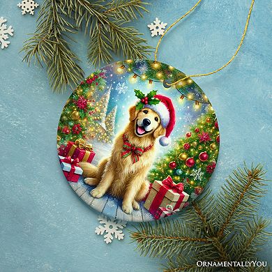 Majestic Golden Retriever with Santa Hat Ornament, Delightful Christmas Gift and Decor, Circle