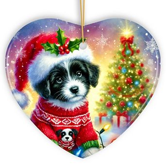 Playful Border Collie with Santa Hat Ornament, Festive Canine Christmas Decor, Heart Version