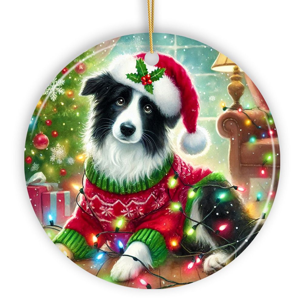 Playful Border Collie with Santa Hat Ornament, Festive Canine Christmas ...