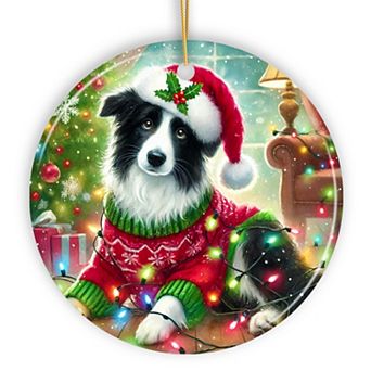 Playful Border Collie with Santa Hat Ornament, Festive Canine Christmas Decor, Circle Version