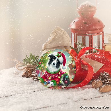 Playful Border Collie with Santa Hat Ornament, Festive Canine Christmas Decor, Circle Version