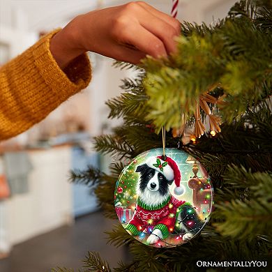 Playful Border Collie with Santa Hat Ornament, Festive Canine Christmas Decor, Circle Version