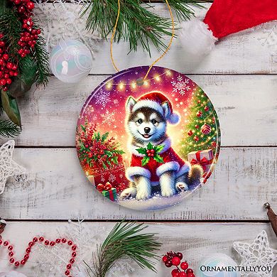 Merry Holly Berry Siberian Husky Ornament, Whimsical Christmas Tree Decor, Circle