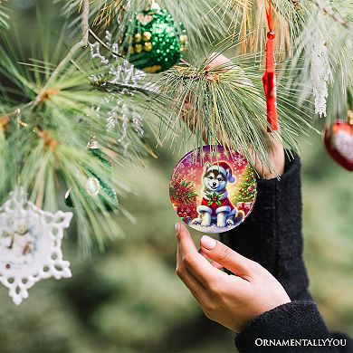 Merry Holly Berry Siberian Husky Ornament, Whimsical Christmas Tree Decor, Circle