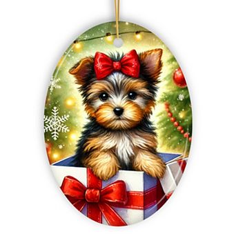 Precious Yorkshire Terrier Christmas Gift Ornament, Sweet Holiday Scene Decor, Oval Version