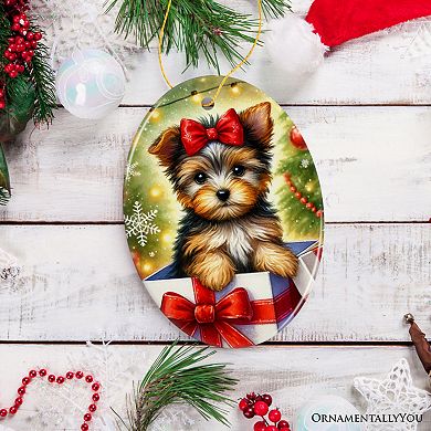 Precious Yorkshire Terrier Christmas Gift Ornament, Sweet Holiday Scene Decor, Oval Version