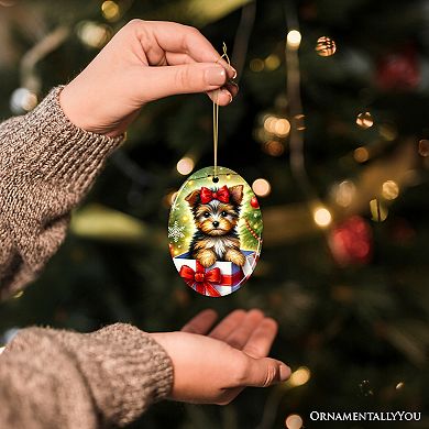 Precious Yorkshire Terrier Christmas Gift Ornament, Sweet Holiday Scene Decor, Oval Version