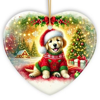 Majestic Golden Retriever with Santa Hat Ornament, Delightful Christmas Gift and Decor, Heart