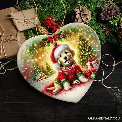 Majestic Golden Retriever with Santa Hat Ornament, Delightful Christmas Gift and Decor, Heart