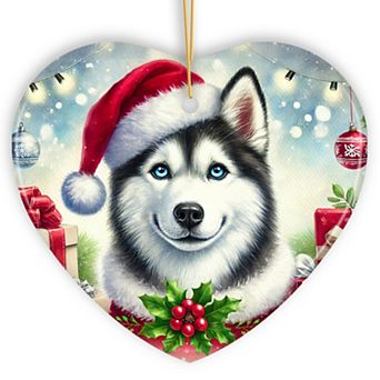 Merry Holly Berry Siberian Husky Ornament, Whimsical Christmas Tree Decor, Heart