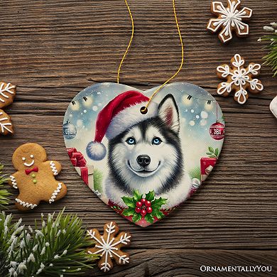 Merry Holly Berry Siberian Husky Ornament, Whimsical Christmas Tree Decor, Heart