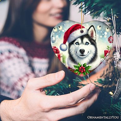 Merry Holly Berry Siberian Husky Ornament, Whimsical Christmas Tree Decor, Heart