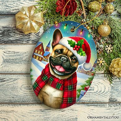 Frosty French Bulldog Ornament, Charming Pup Decoration for Magical Christmas, Oval Version