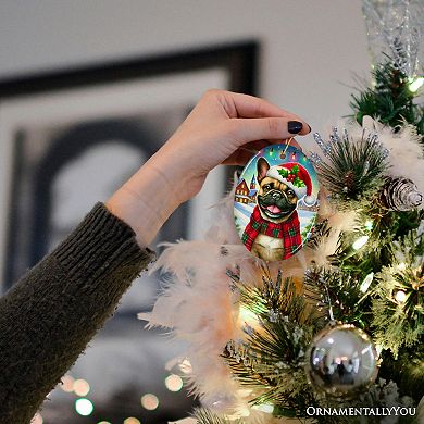 Frosty French Bulldog Ornament, Charming Pup Decoration for Magical Christmas, Oval Version