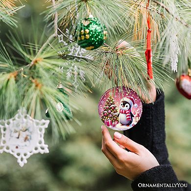 Glistening Winter Penguin Pink Themed Ornament, Adorable Arctic Christmas Gift and Decor
