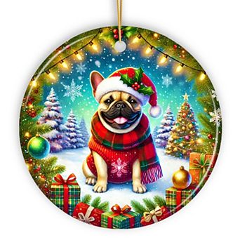 Frosty French Bulldog Ornament, Charming Pup Decoration for Magical Christmas, Circle
