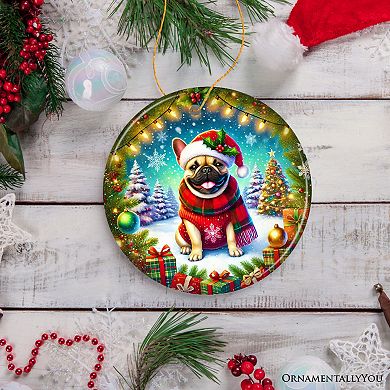 Frosty French Bulldog Ornament, Charming Pup Decoration for Magical Christmas, Circle