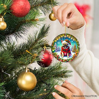Frosty French Bulldog Ornament, Charming Pup Decoration for Magical Christmas, Circle