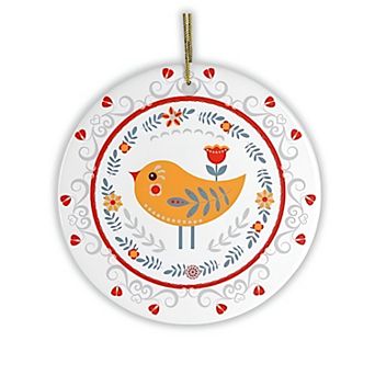 Scandinavian Yellow Bird Christmas Ornament, Ethnic Floral Pattern, Folk Illustration