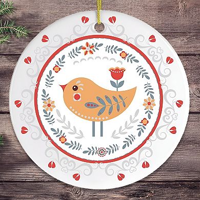 Scandinavian Yellow Bird Christmas Ornament, Ethnic Floral Pattern, Folk Illustration