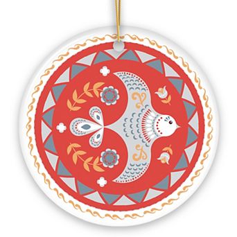 Scandinavian Bird Christmas Ornament, Ethnic Classic Folklore, 2D Illustration, Circle Version