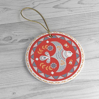 Scandinavian Bird Christmas Ornament, Ethnic Classic Folklore, 2D Illustration, Circle Version