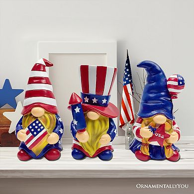Patriotic Gnome Trio Figurines, 6" Set of Three Garden Statues and July 4th Decoration