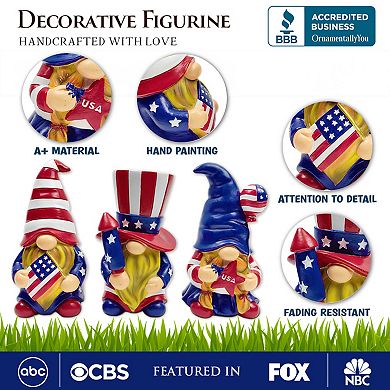 Patriotic Gnome Trio Figurines, 6" Set of Three Garden Statues and July 4th Decoration