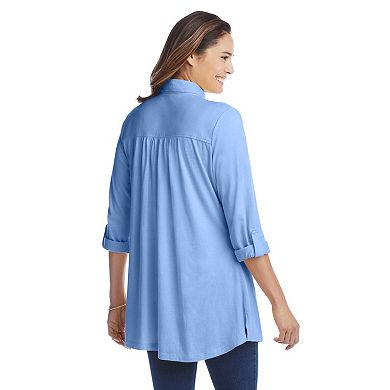 Woman Within Plus Size Button-Front Embroidered Tunic