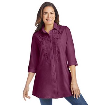 Woman Within Plus Size Button-Front Embroidered Tunic